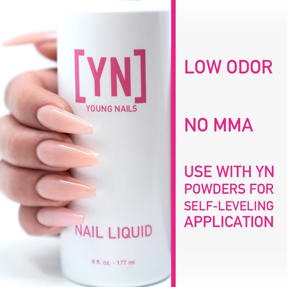 Young Nails liquid monomer bottle label highlighting low odor and clean prep benefits