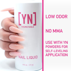 Young Nails liquid monomer bottle label highlighting low odor and clean prep benefits