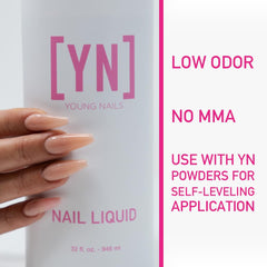 Young Nails monomer close-up showing creamy texture for smooth, self-leveling application.