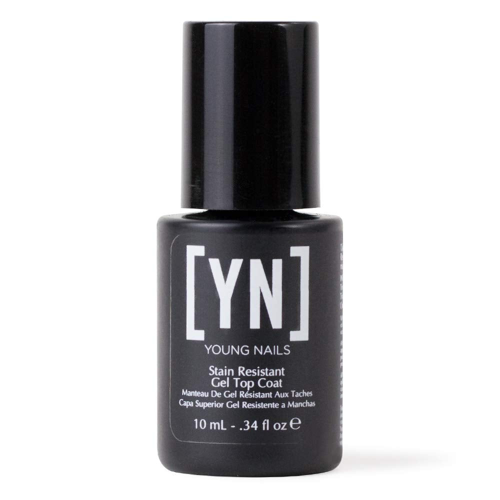Young Nails Top Coat Resistente a Manchas en la botella, protege uñas acrílicas del contacto con tintes.