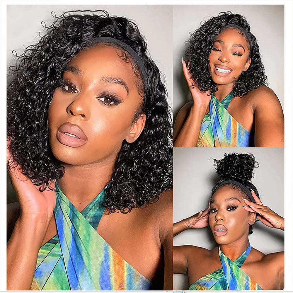 Youngirl curly headband wig 12inch Brazilian virgin hair for versatile styling.