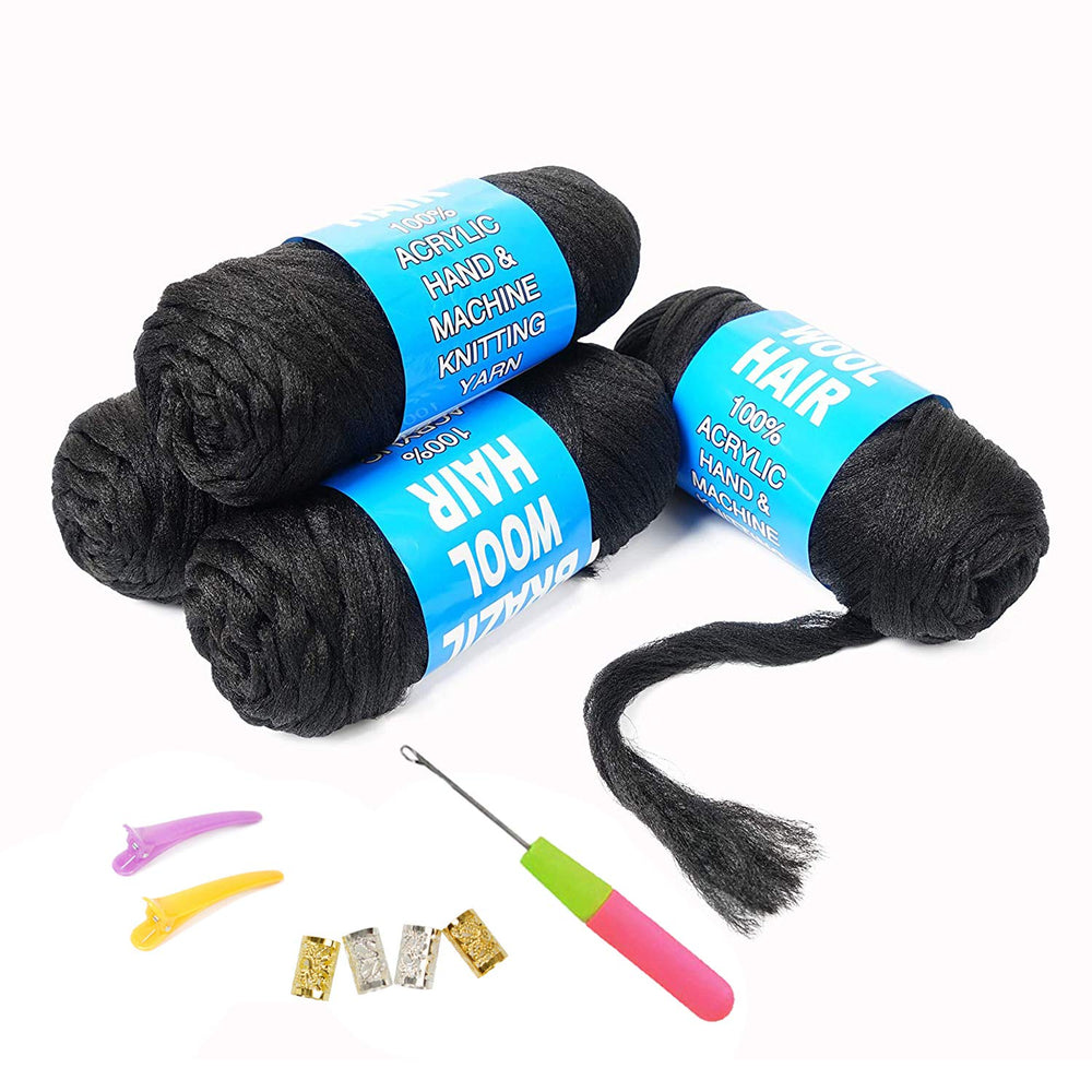 Youngther Brazilian wool yarn in natural black 4-pack for braids and wraps.