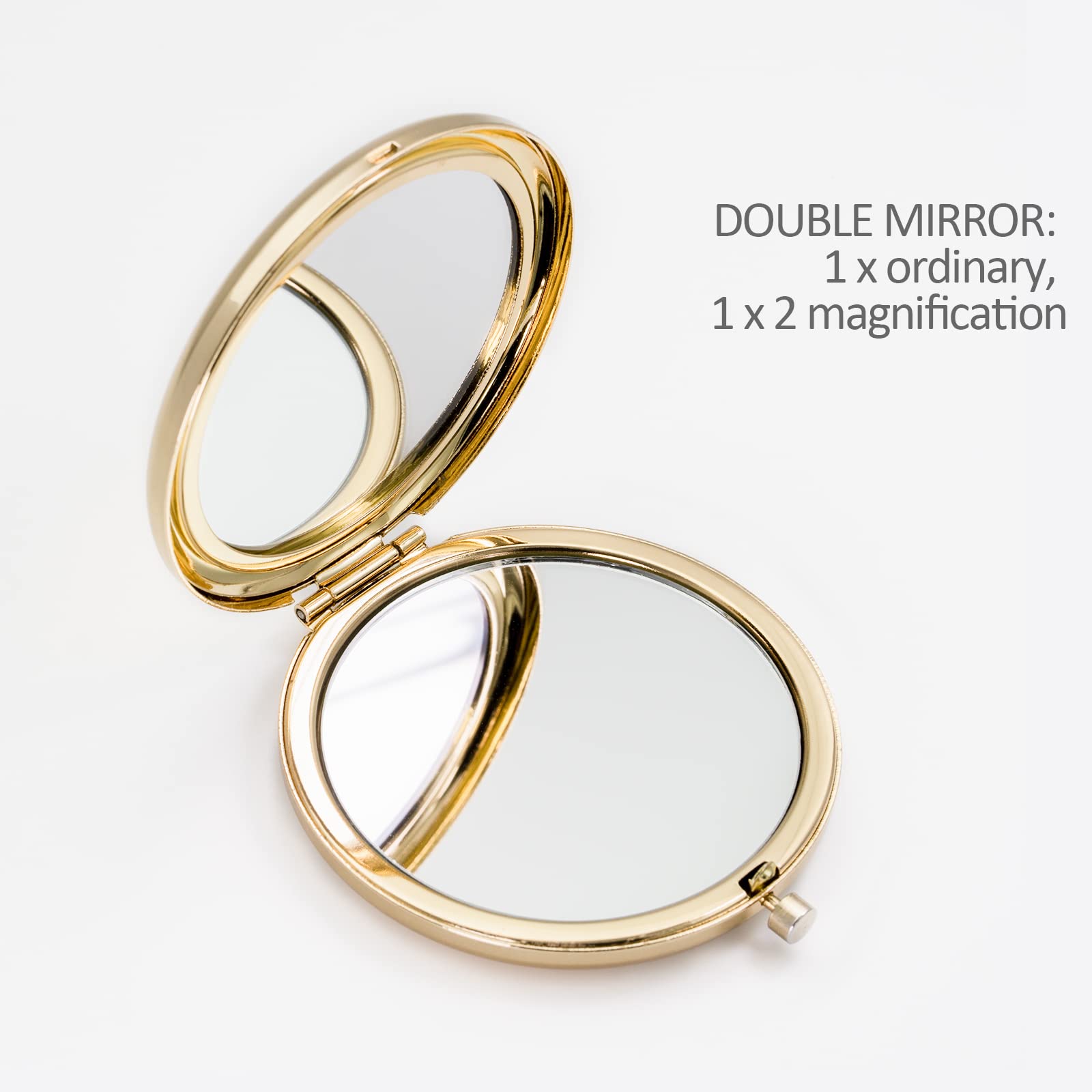 Yountown gold compact mirror displayed on vanity for timeless gift-ready beauty