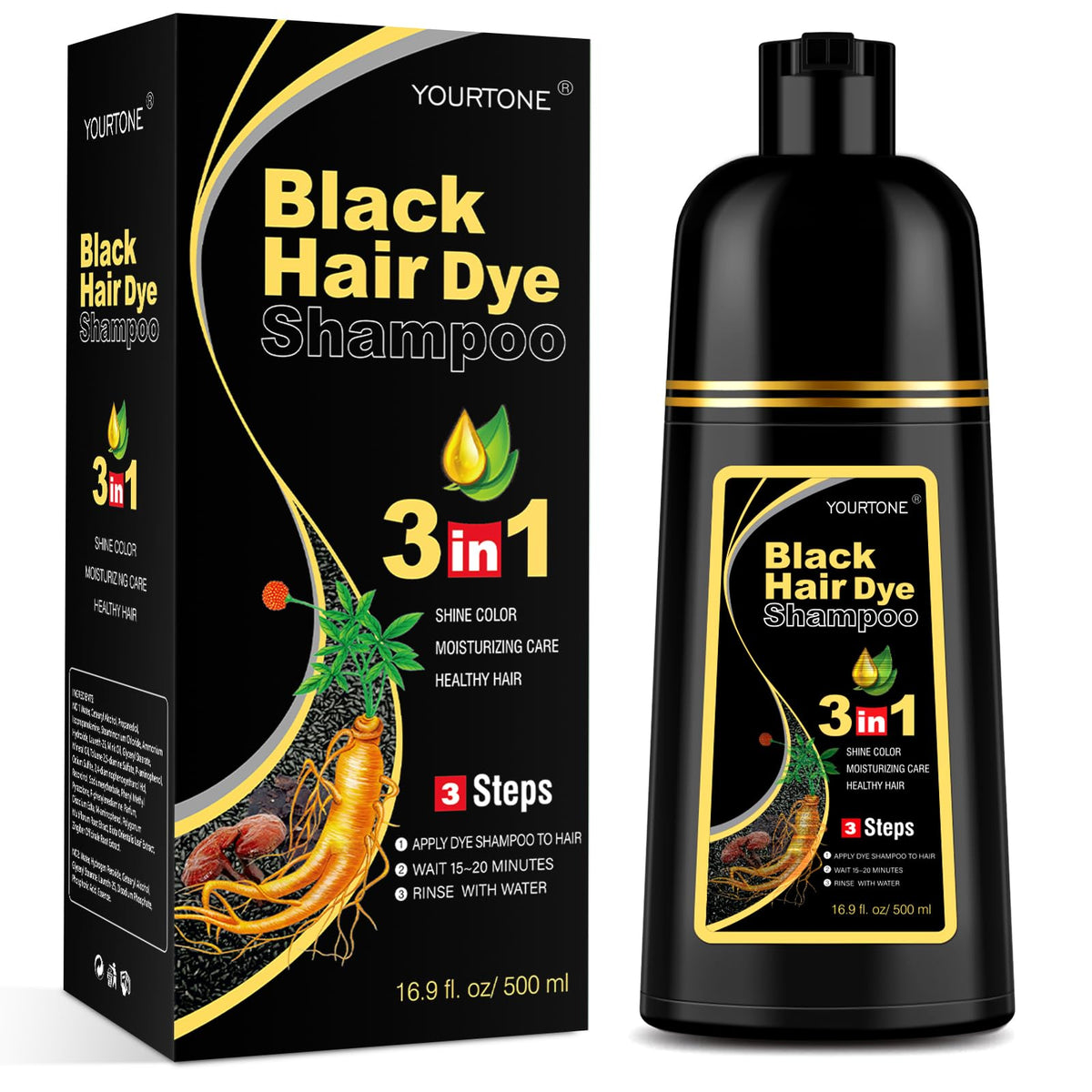 YOURTONE Champú Tinte Cabello Negro: cobertura de canas suave y duradera