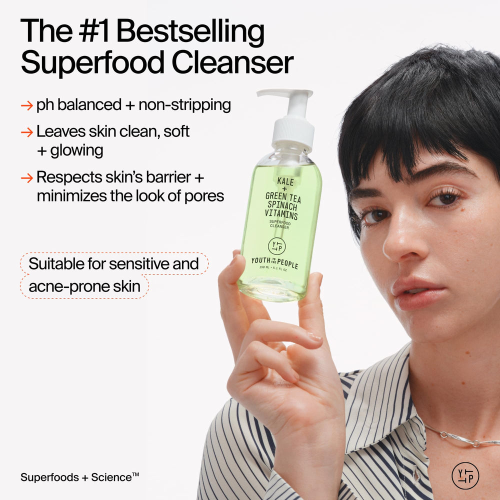Youth To The People cleanser on bathroom counter during morning skincare routine.
