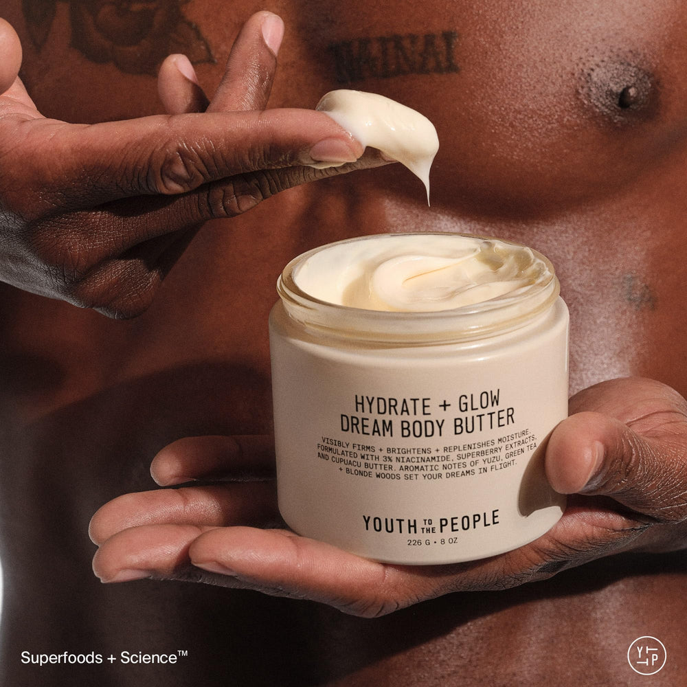 Youth To The People Superberry Hydrate Glow Dream Body Butter jar close-up with creamy sheen.