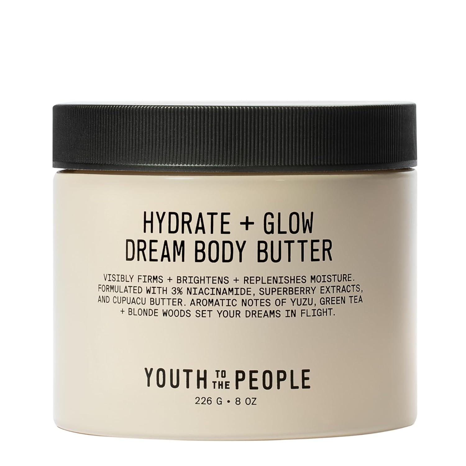 Youth To The People Superberry Hydrate Glow Dream Body Butter pump shows rich texture for quick hydration.