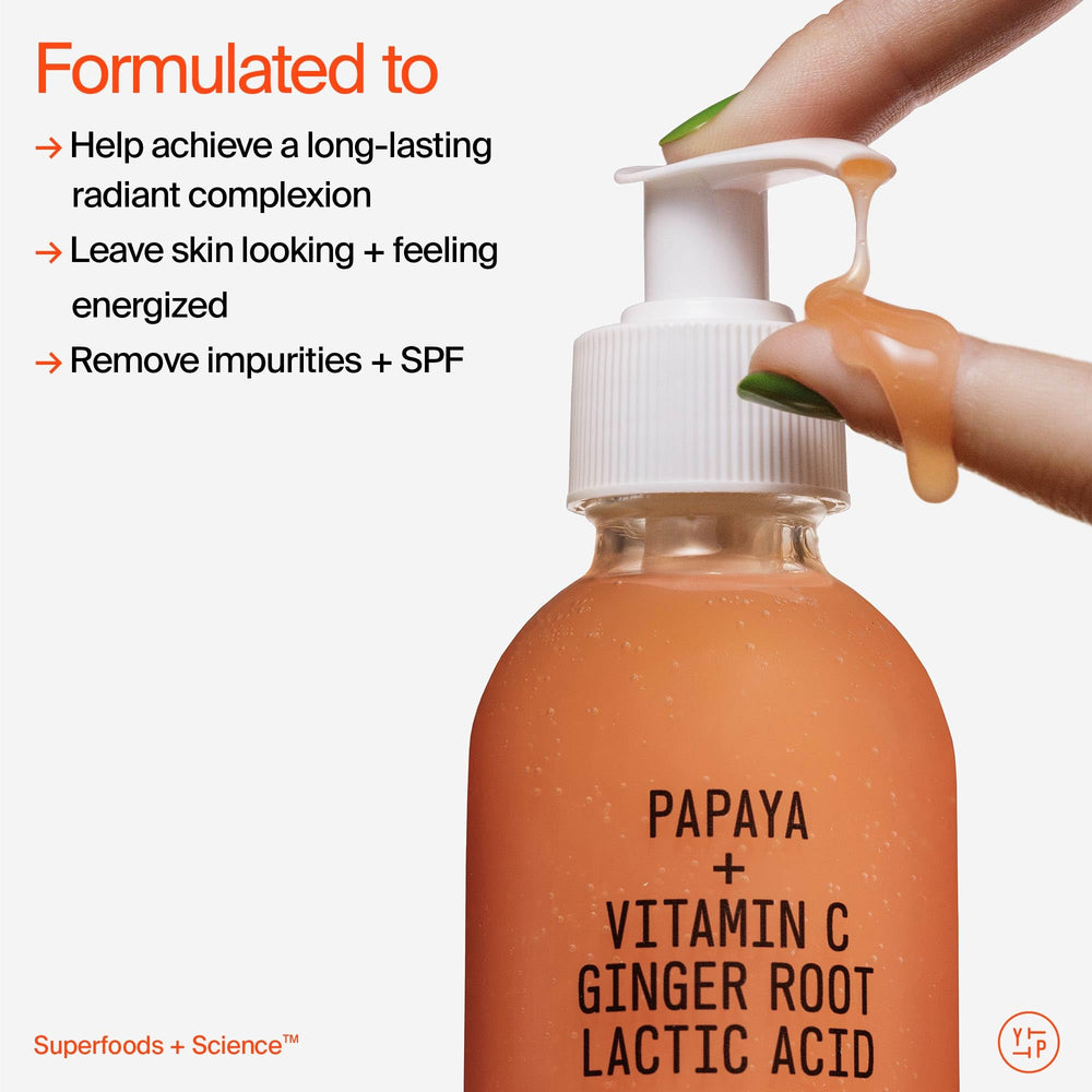 Youth To The People Superfruit Cleanser ingredients closeup emphasizes papaya and vitamin C