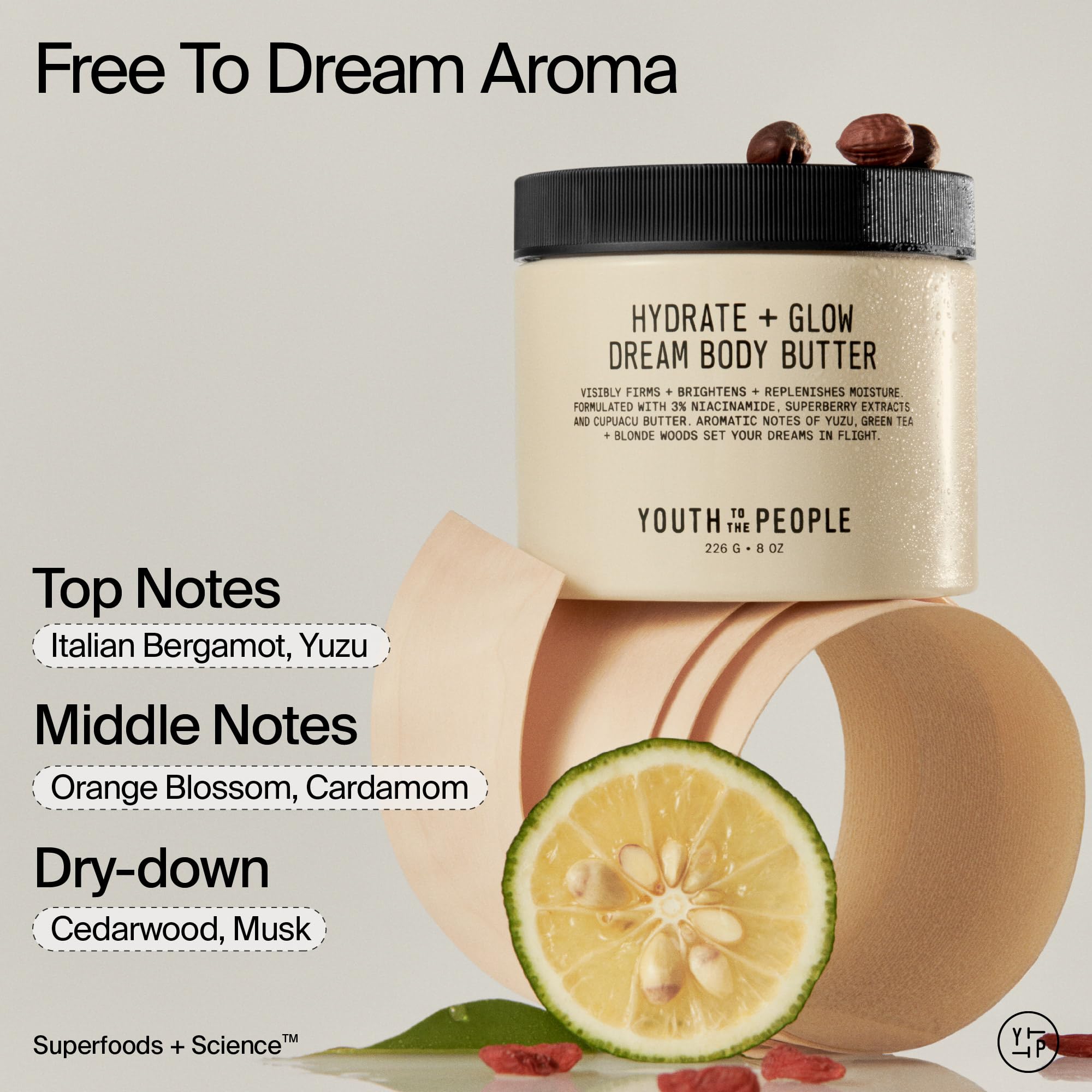 Youth To The People Yuzu Green Tea fragrance notes visible in imagery.