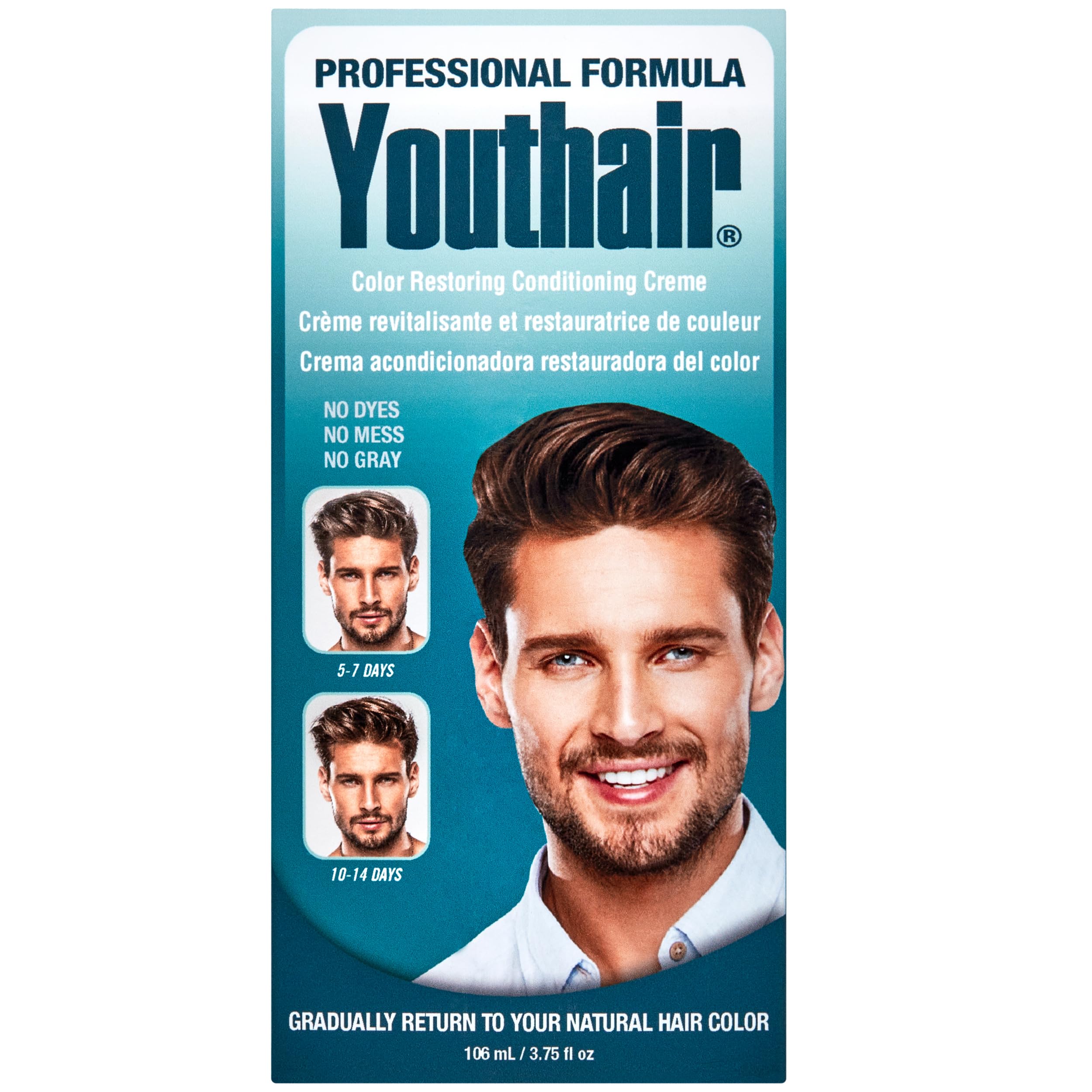 Youthair Crème bottle pour showing gradual gray coverage in action