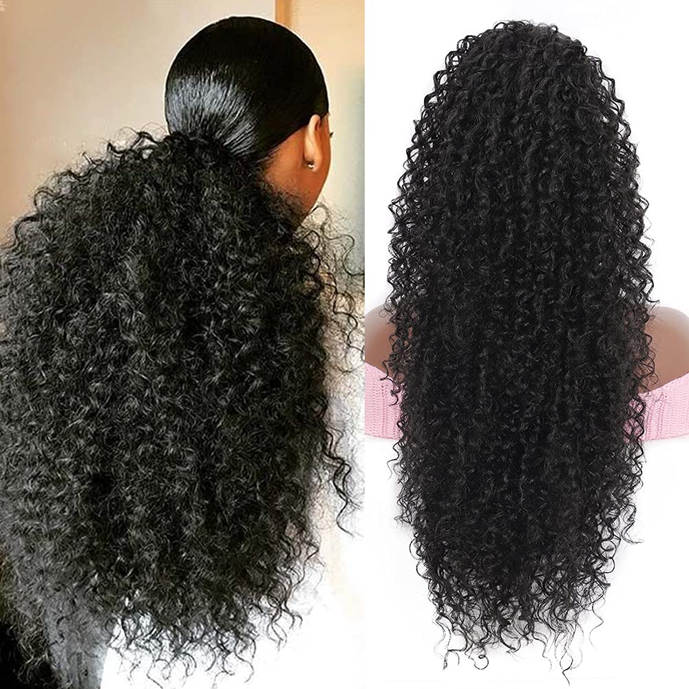 Youthfee 27-inch drawstring ponytail with deep curly texture for instant volume.