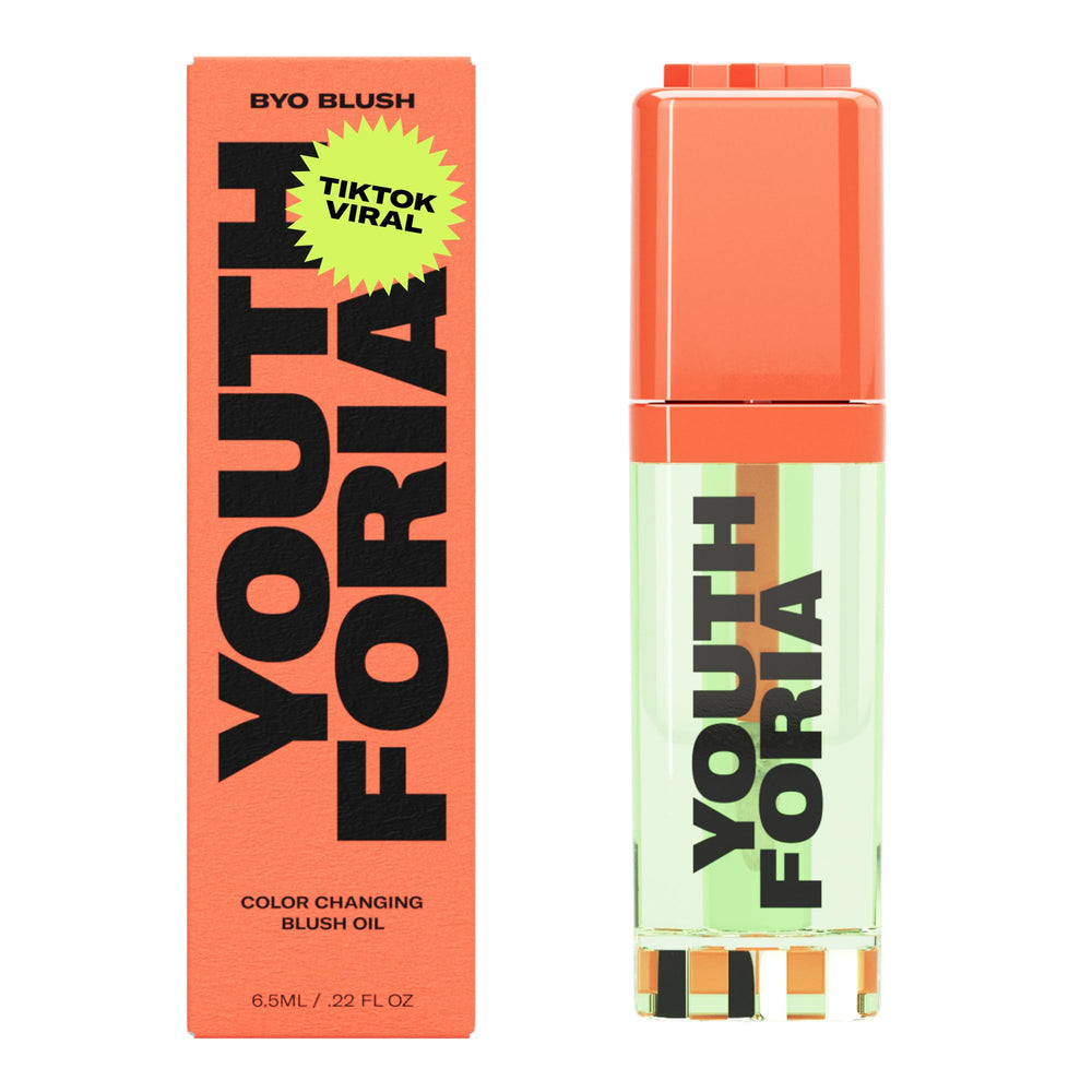 Youthforia BYO Blush color-changing bottle adapting to skin tone for natural flush.