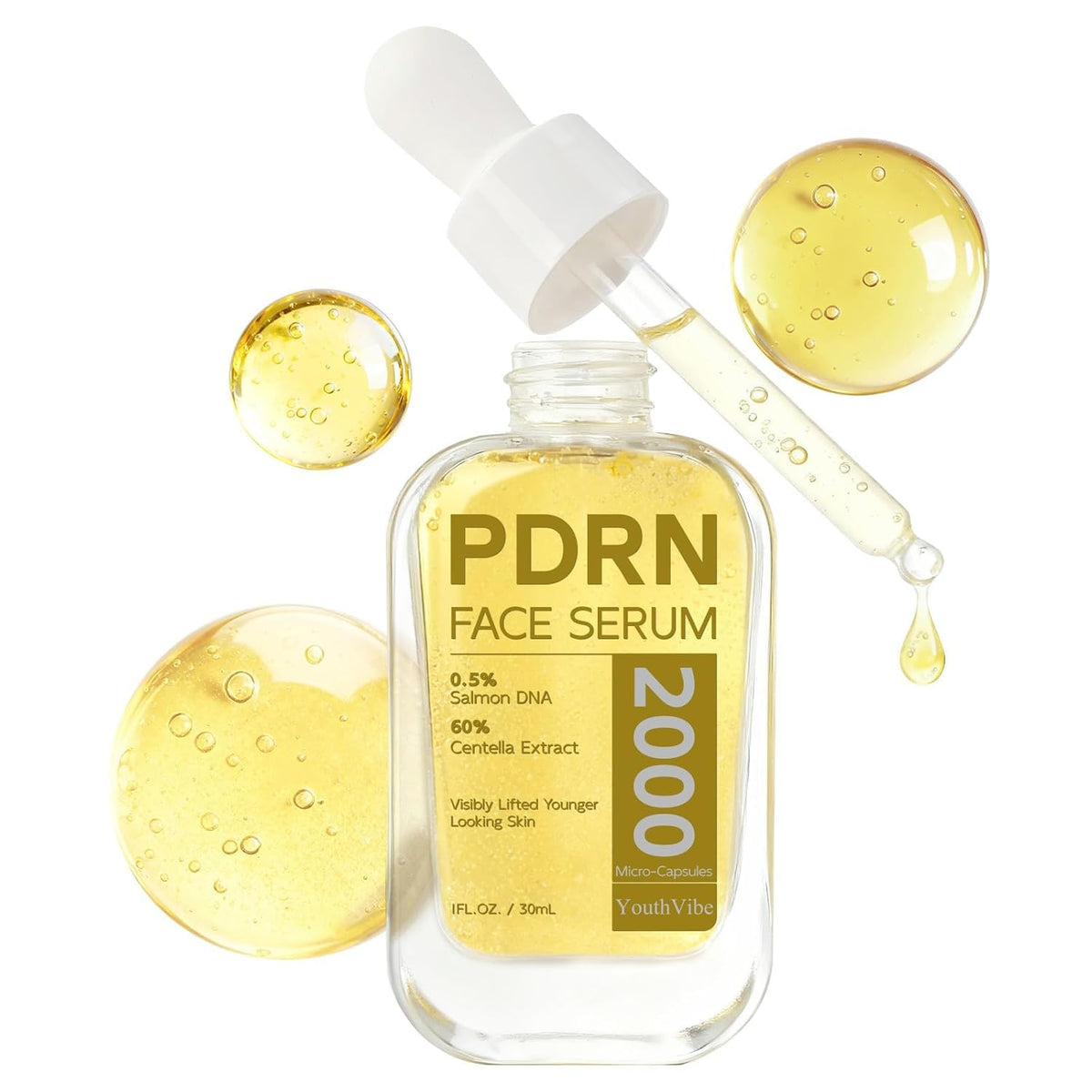 YouthVibe 0.5% PDRN Serum bottle highlights a lightweight anti-aging formula for face and neck.