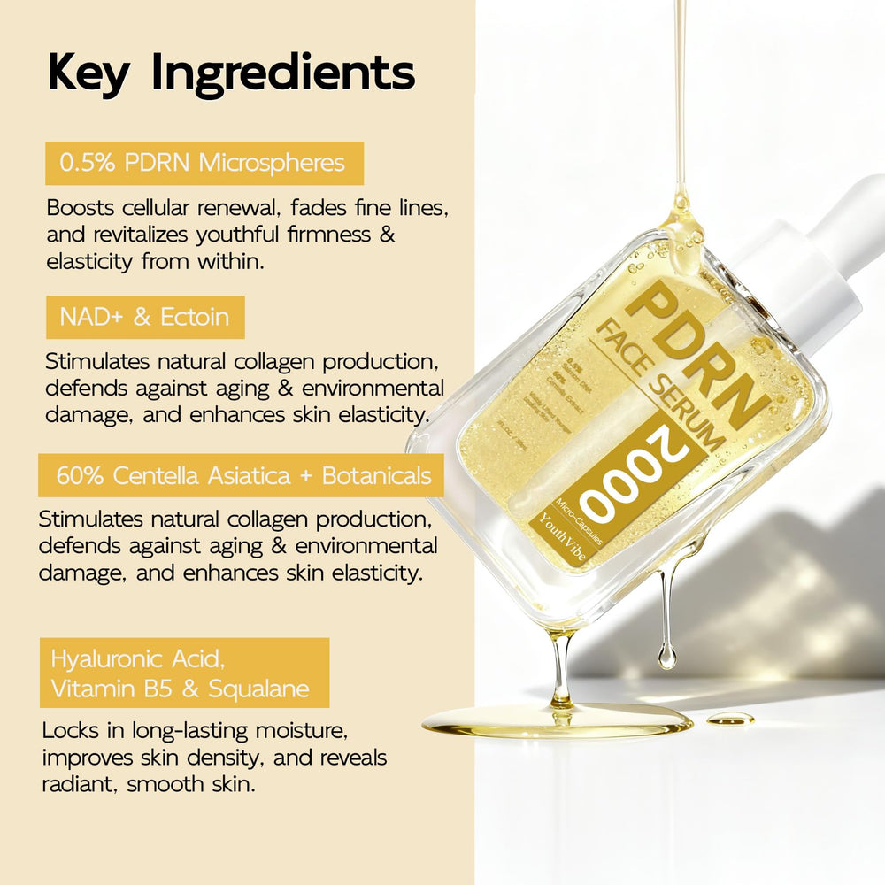 YouthVibe 0.5% PDRN Serum texture close-up emphasizes fast-absorbing hydration.