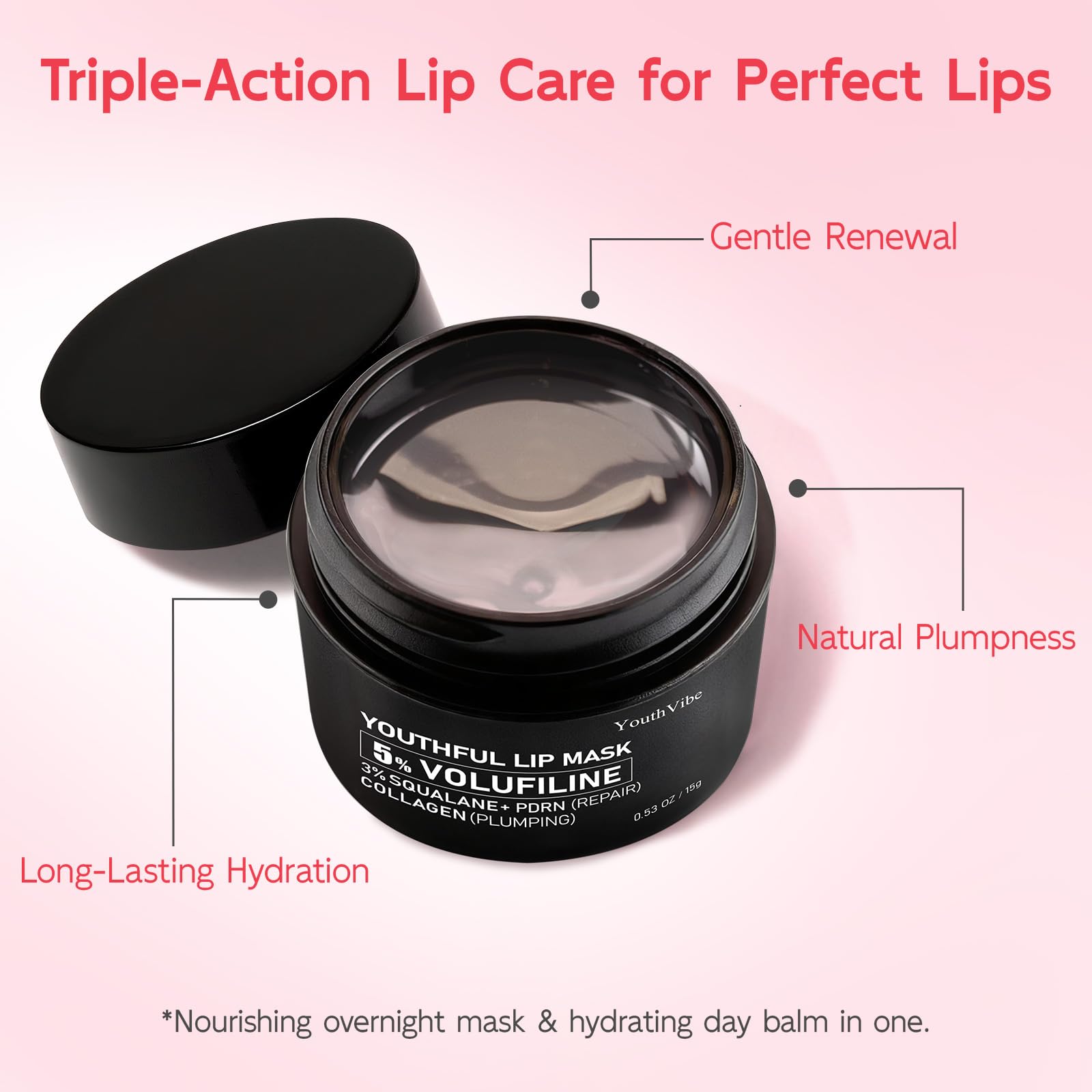 YouthVibe labios hidratados tras uso nocturno, suavidad y reparación suave.