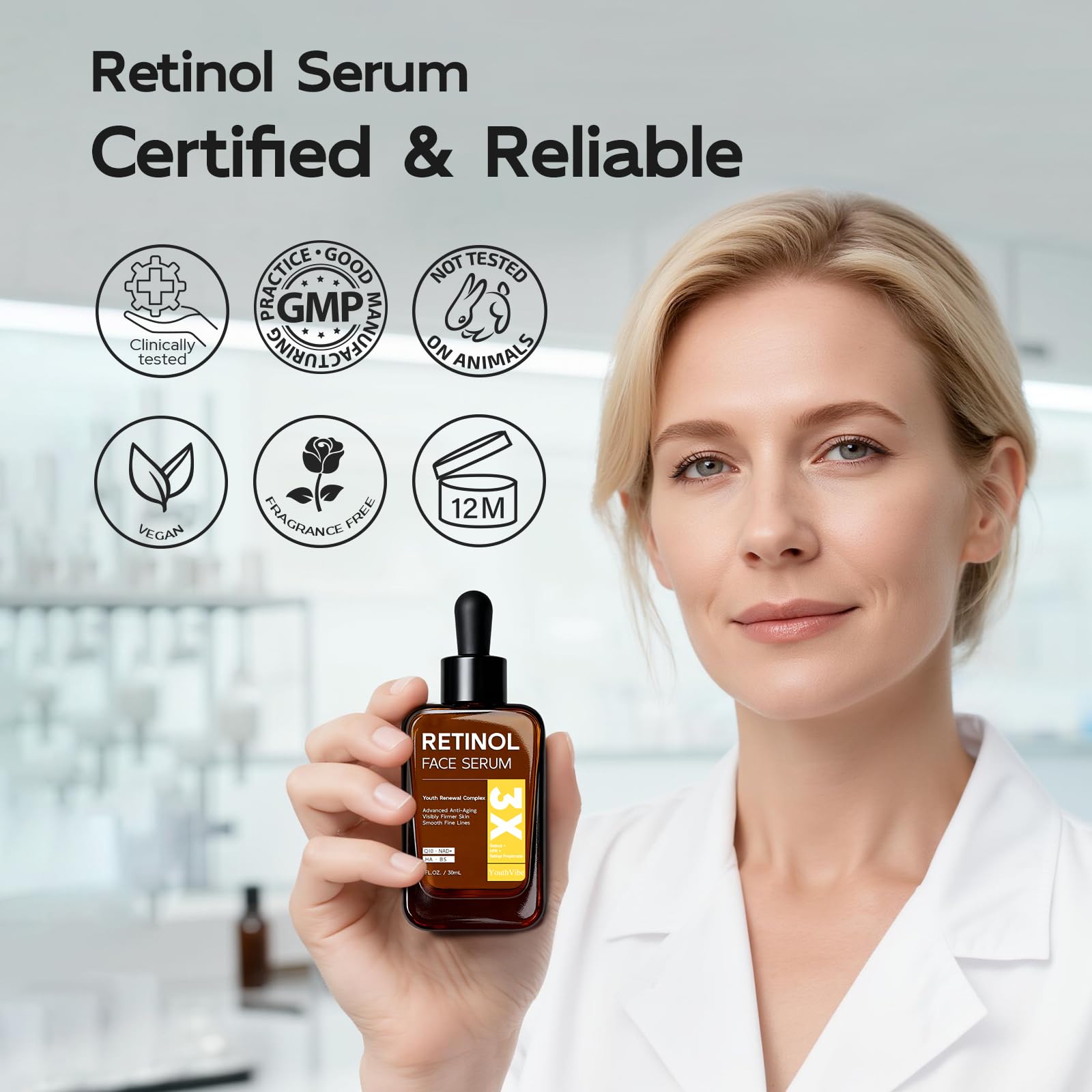 YouthVibe Retinol Serum, empaque compacto ideal para viajes.