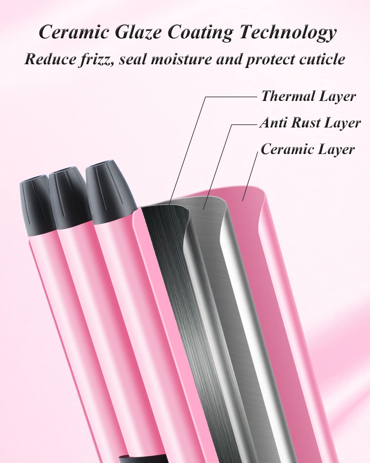 Youuish pink 3-barrel iron delivers beachy waves quickly.