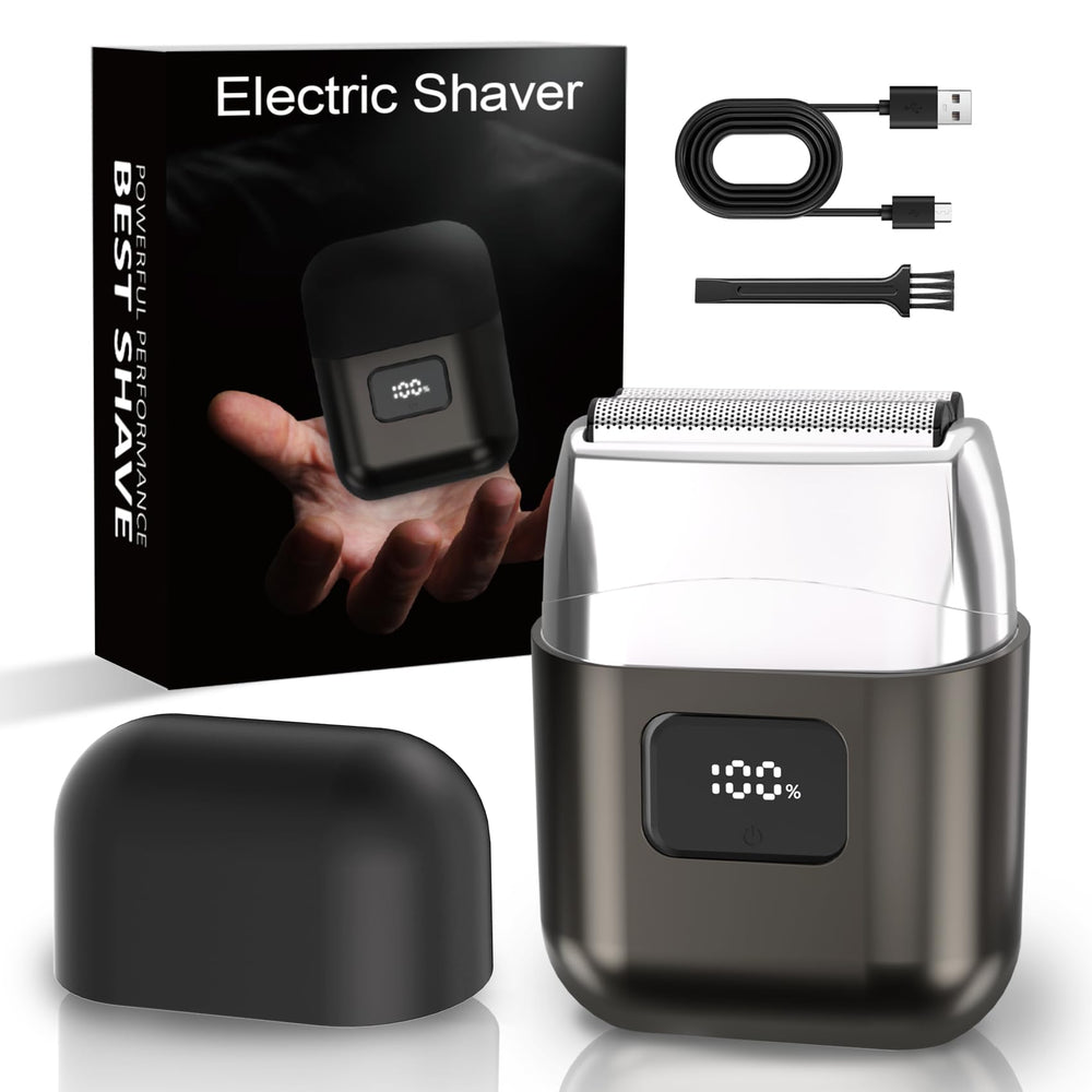 YOXSPD electric foil shaver front view highlighting compact design for travel