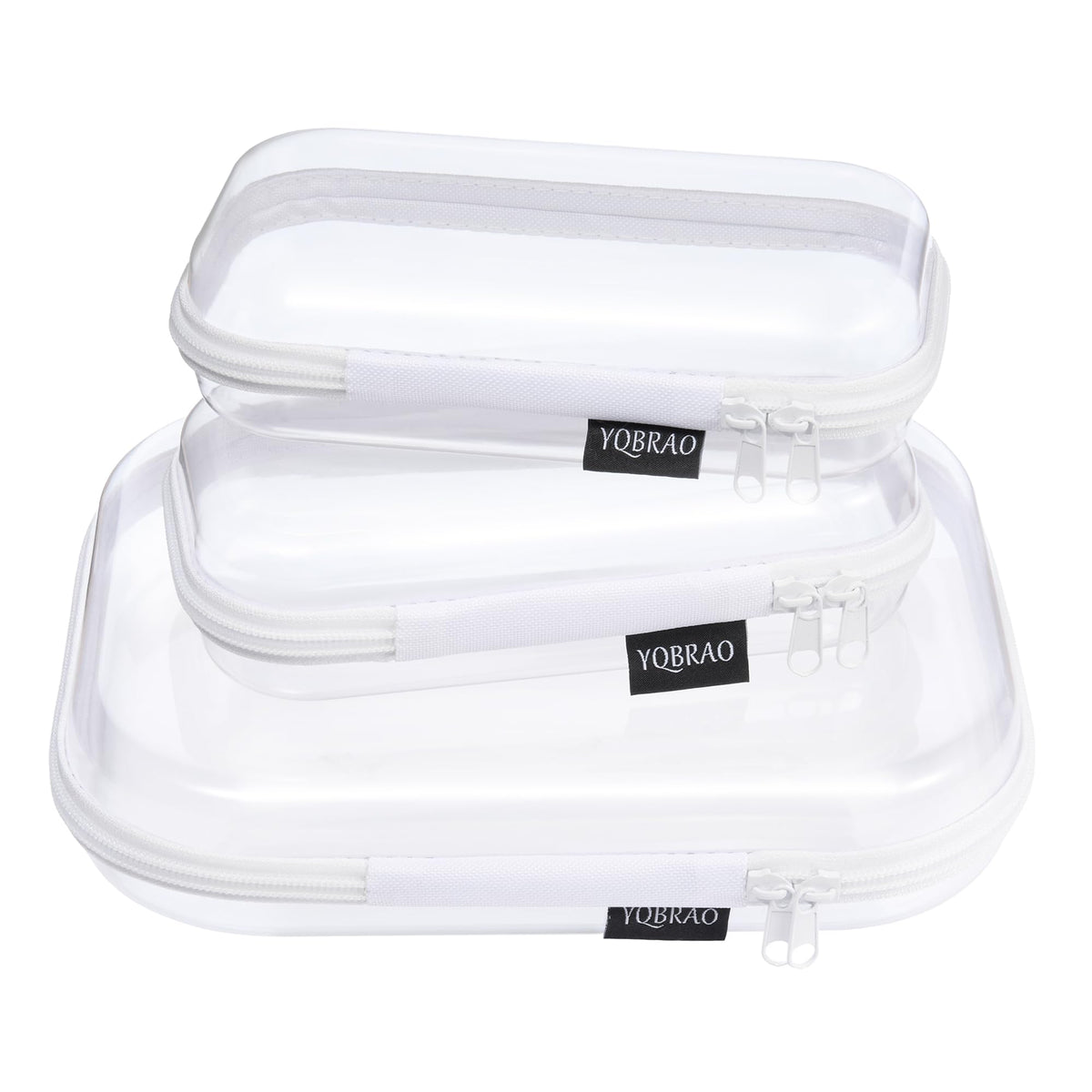 YQBRAO 3-pack clear hard-shell case front view for organized travel essentials at a glance