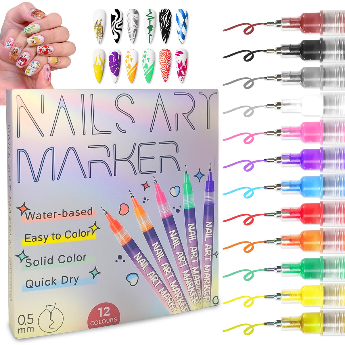 YQQKRCB 12-color nail art pens with 0.5mm nib for precise detailing.