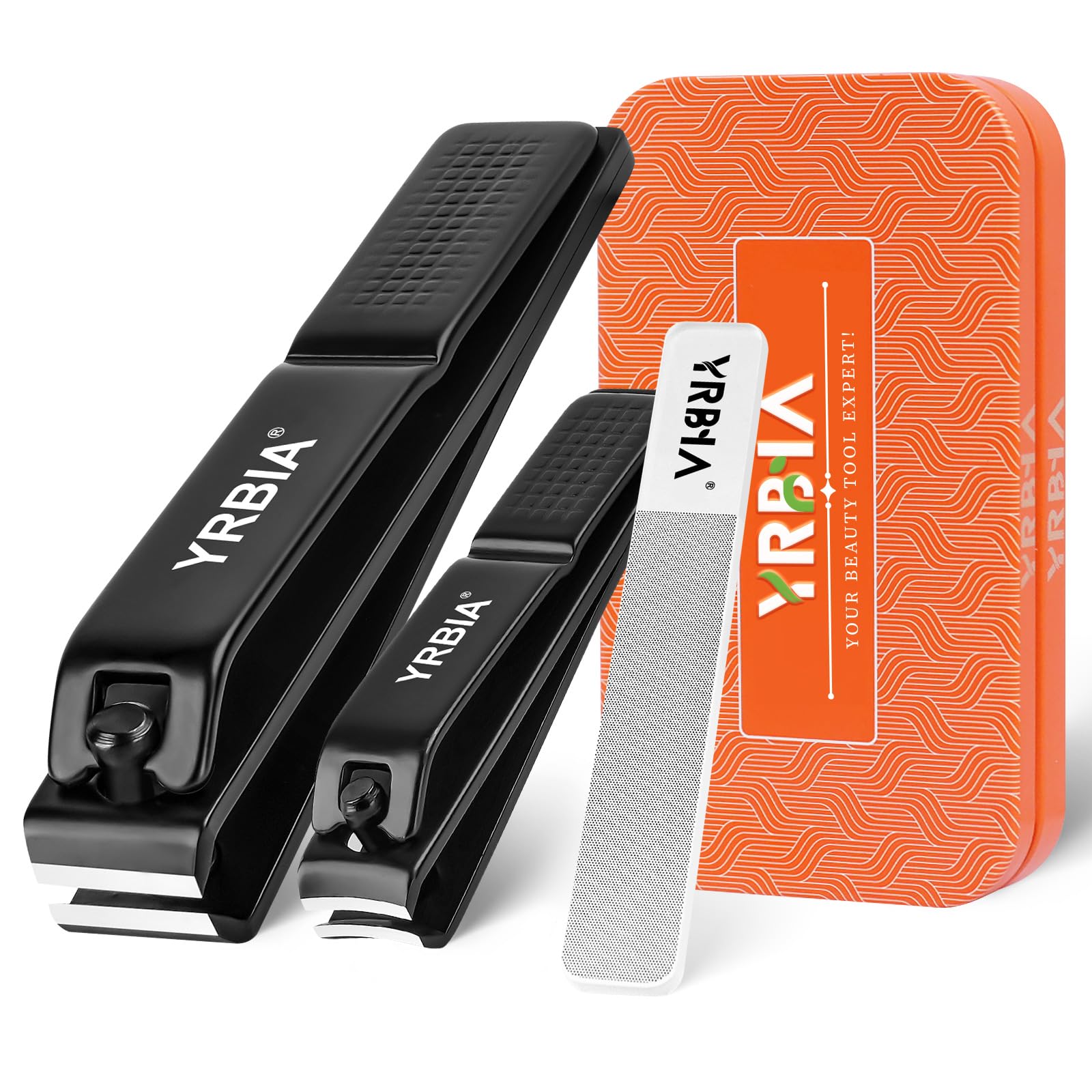 YRBIA nail clipper set with glass file in a sleek tin box.