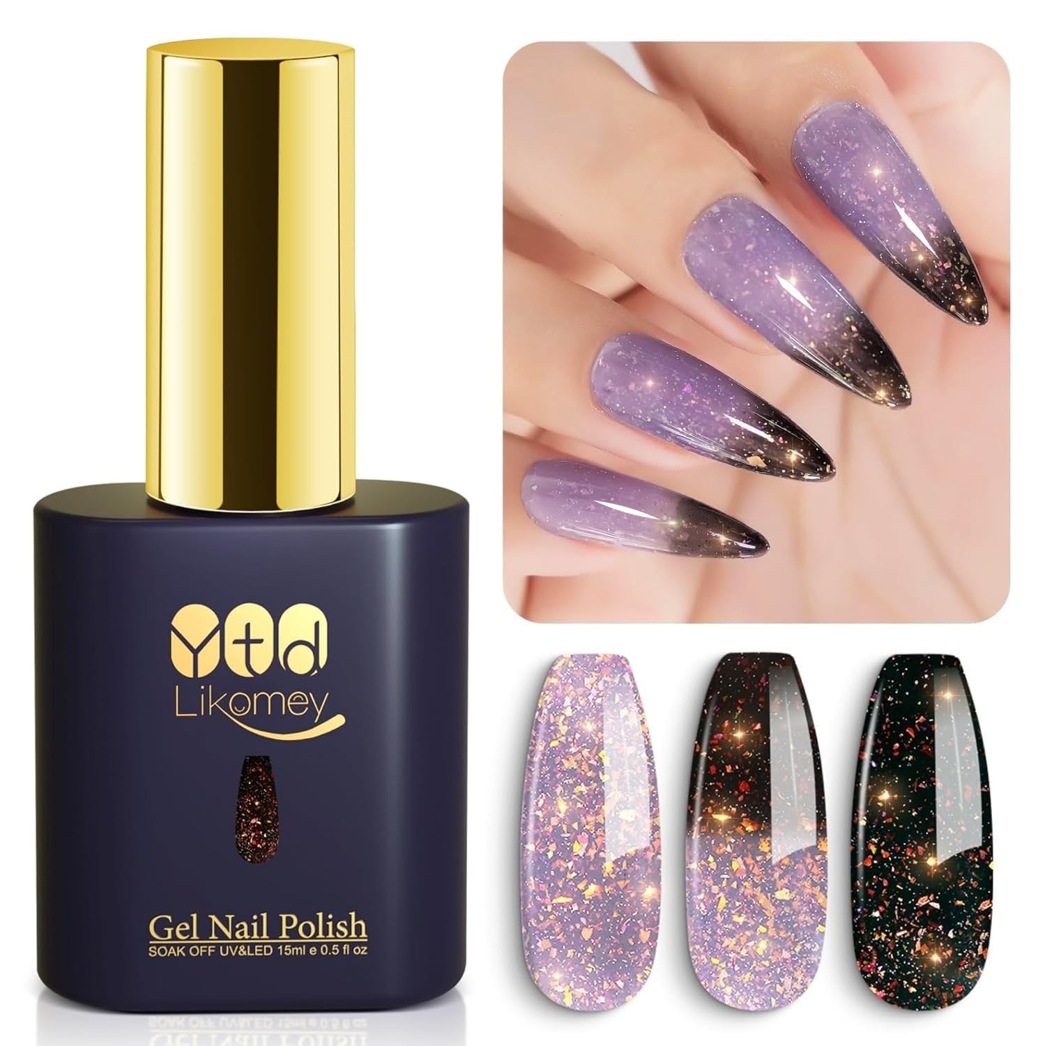 YTD Likomey Brocade Glitter color-changing gel shows grayish purple to black shimmer.
