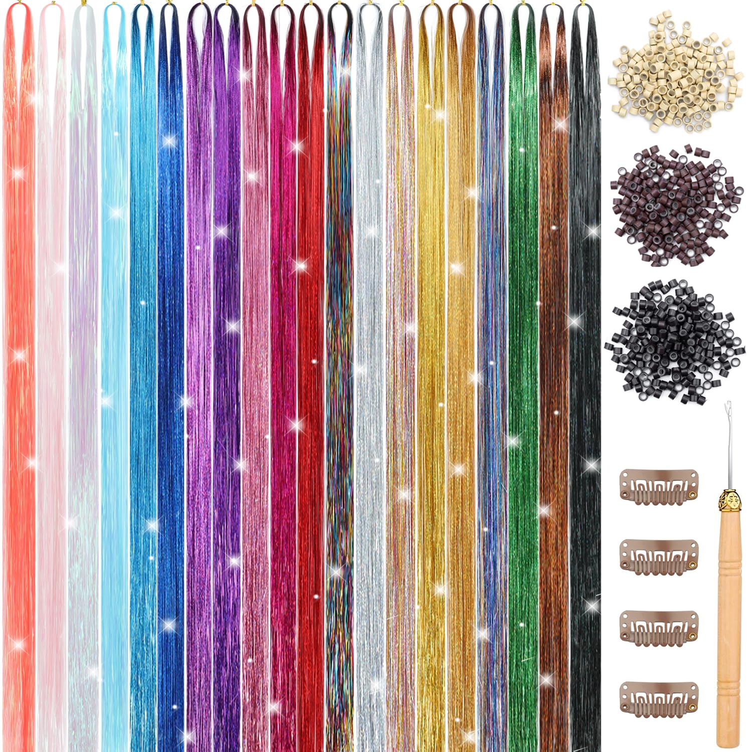 YUBTY hair tinsel kit with color swatches for vibrant styling.