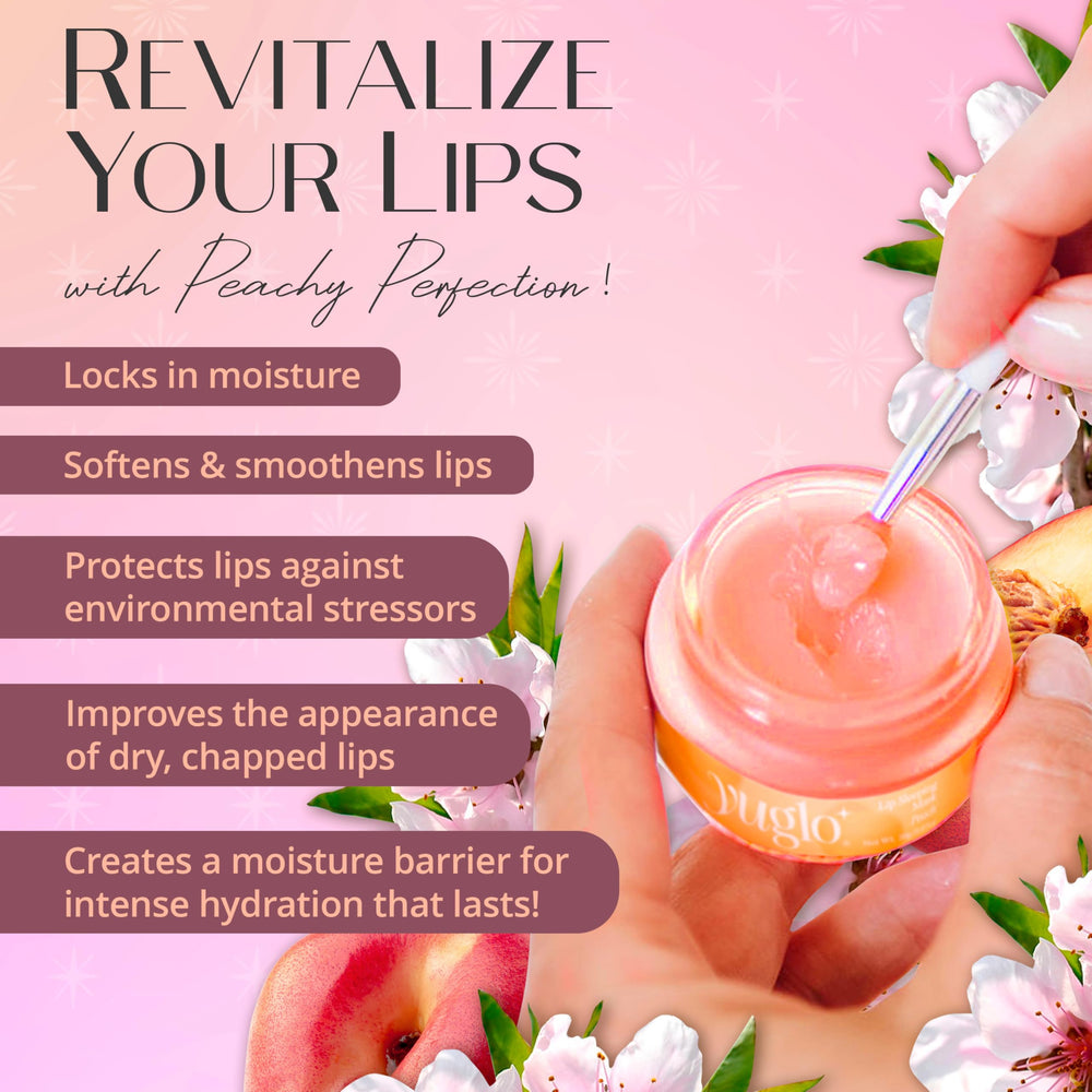 YuGlo Lip Sleeping Mask packaging shows peach flavor and overnight care concept.