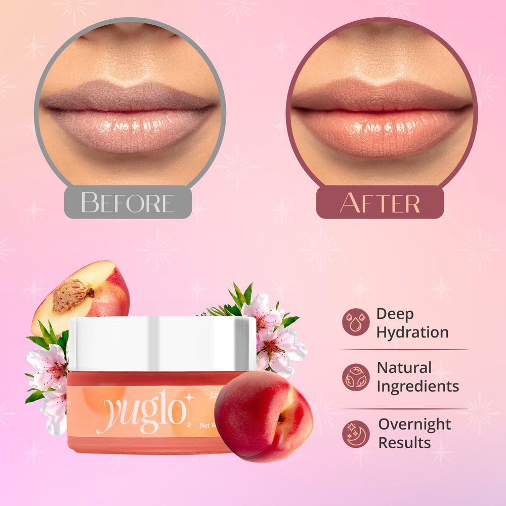 YuGlo Lip Sleeping Mask peach scent in jar emphasizes light fragrance for soothing use.