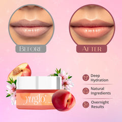 YuGlo Lip Sleeping Mask peach scent in jar emphasizes light fragrance for soothing use.