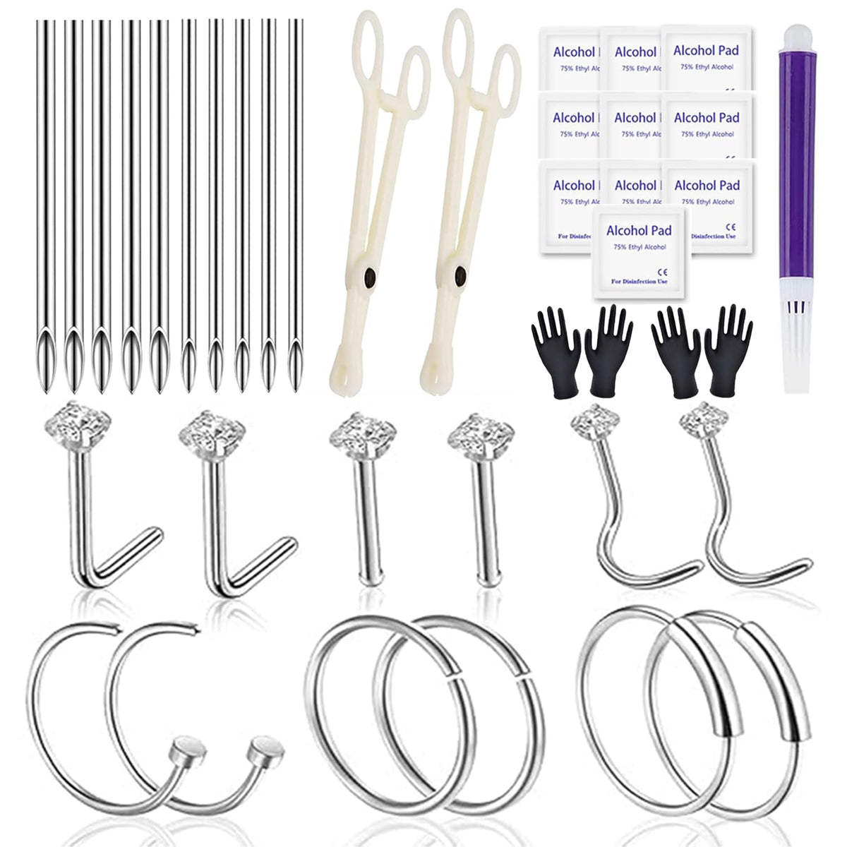 Yugui nose piercing kit 20G nails close-up for at-home practice.