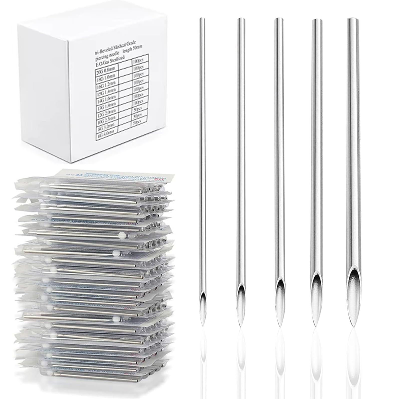 Yugui 100Pcs piercing needles kit packaging showing individually sealed contents for safe handling