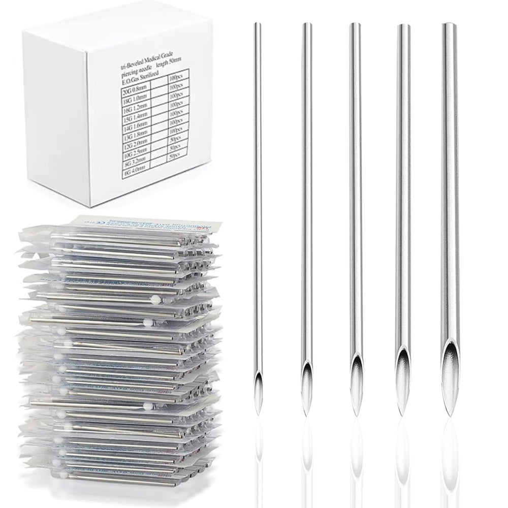 Yugui 100Pcs piercing needles kit packaging showing individually sealed contents for safe handling