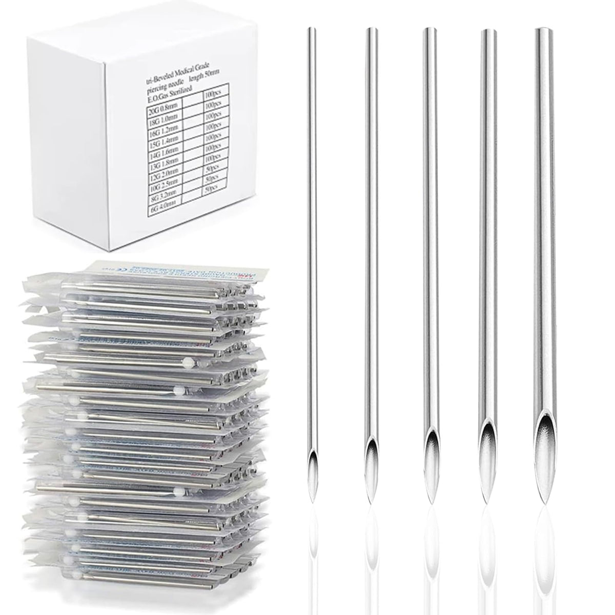 Yugui 100Pcs piercing needles kit packaging showing individually sealed contents for safe handling