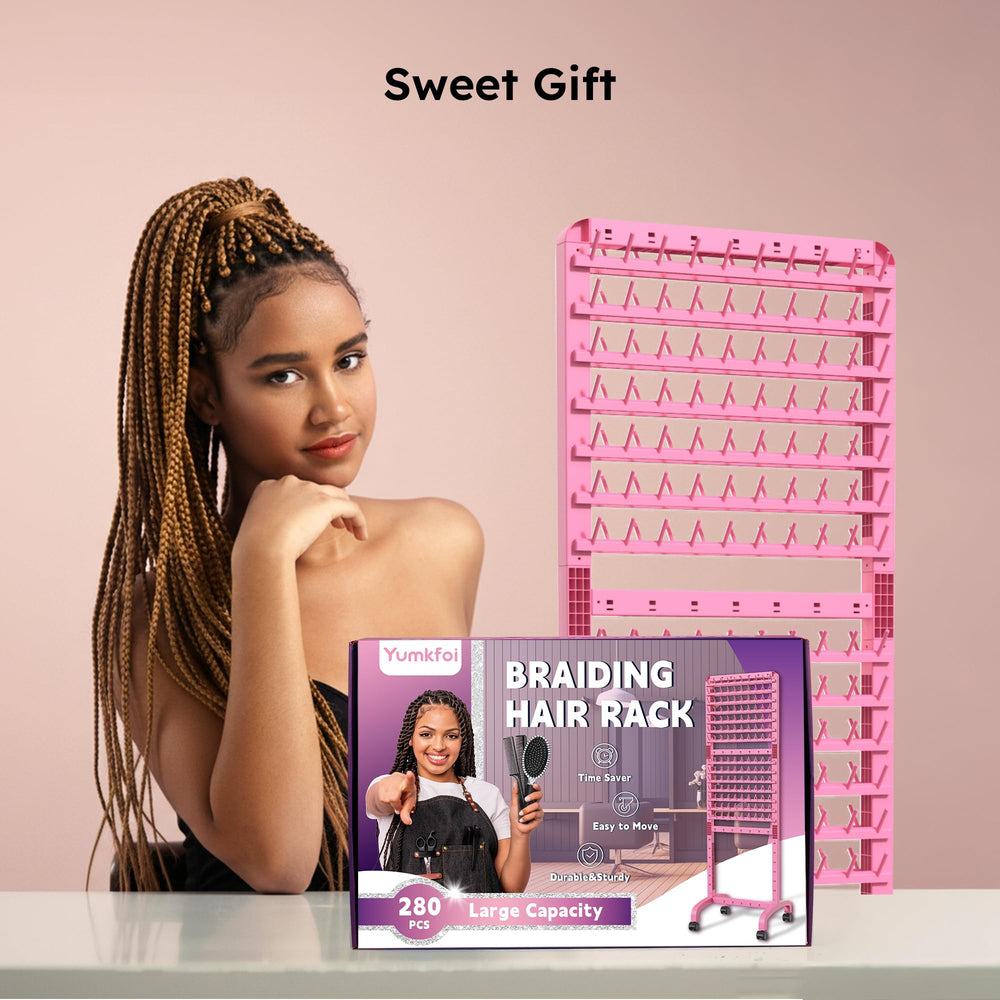 Yumkfoi braiding rack in studio saves space and time during busy days.