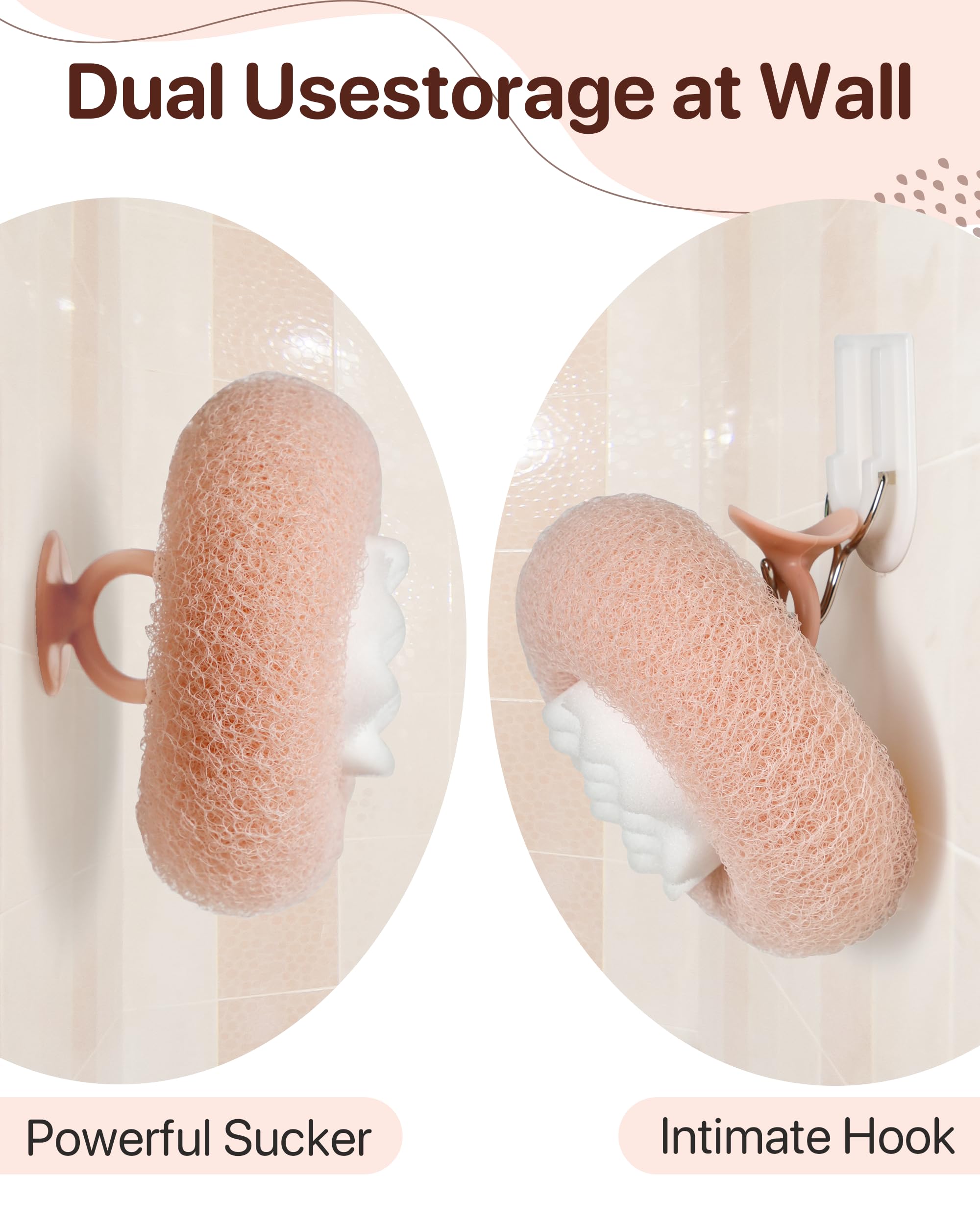 Esponja de baño YUMMIS con ventosa para fijar en superficies lisas y facilitar el almacenamiento.