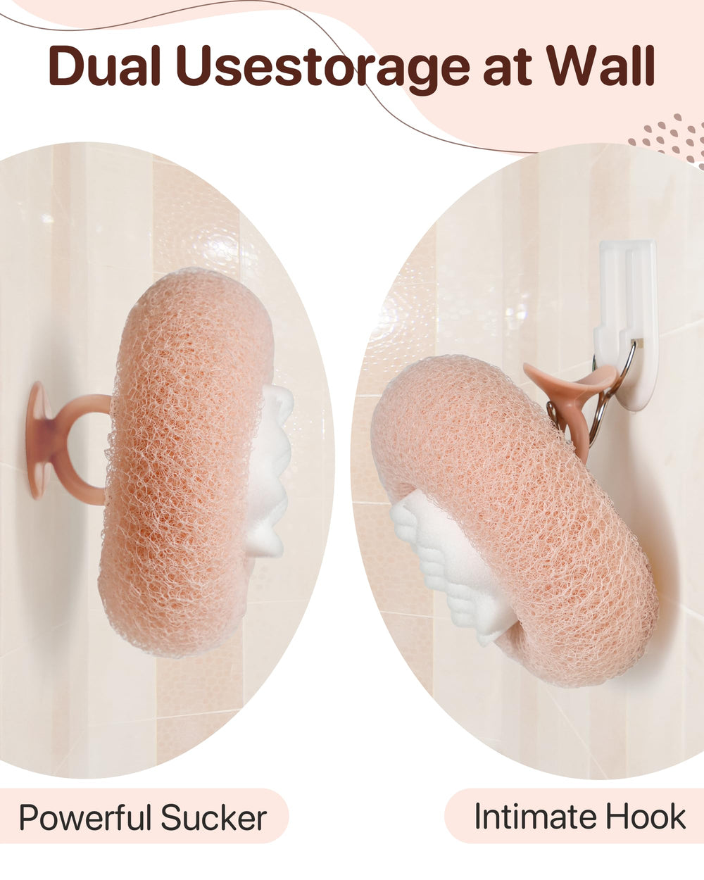 Esponja de baño YUMMIS con ventosa para fijar en superficies lisas y facilitar el almacenamiento.