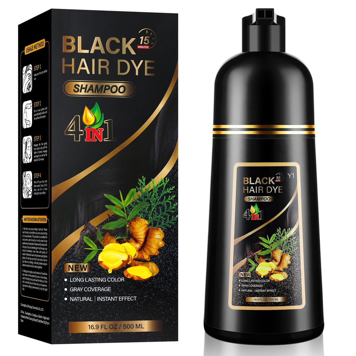 YUOLITA 4 en 1 shampoo-tinte negro cabello: cobertura natural y duradera