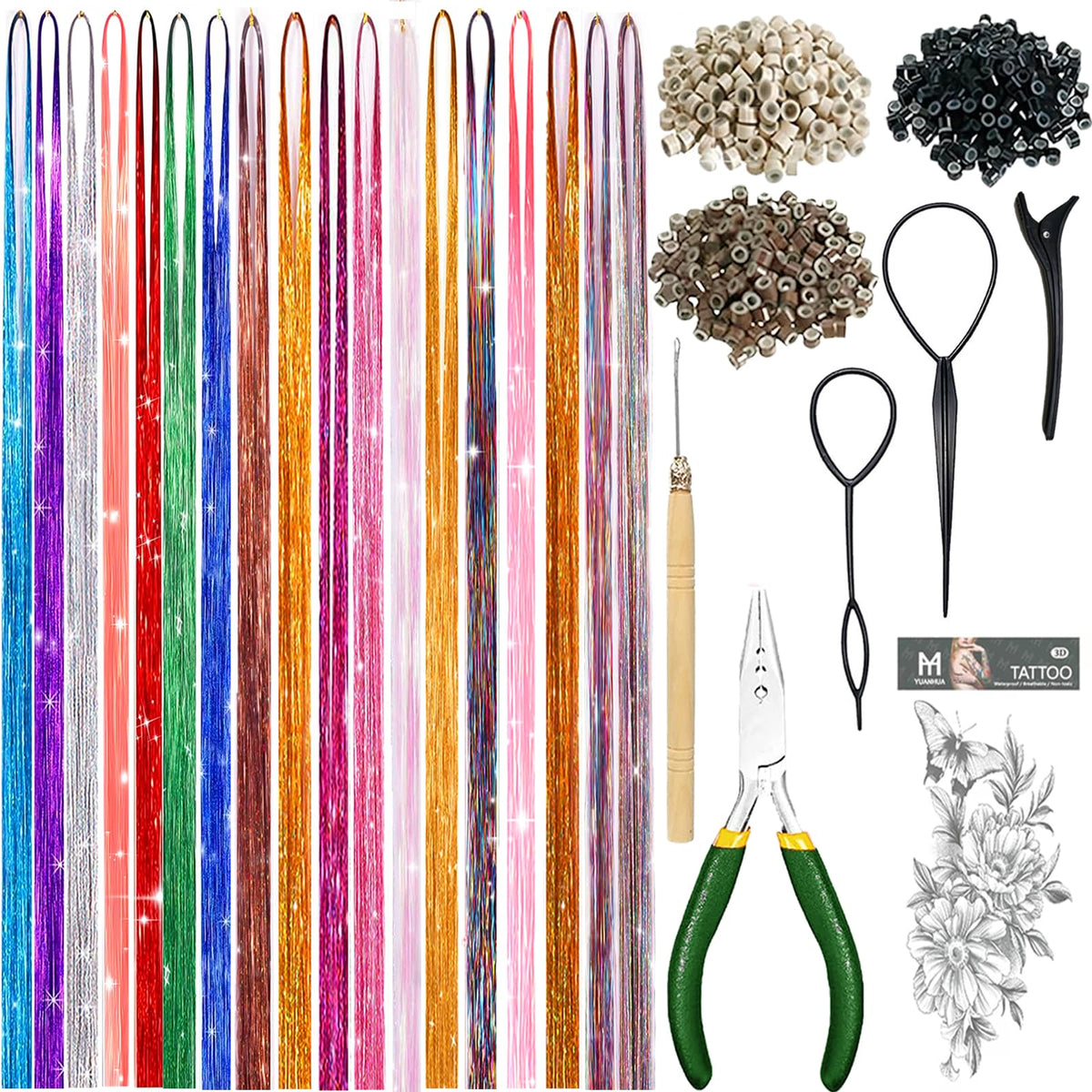 YUUYEE Hair Tinsel Kit with 18 colors adds party sparkle.