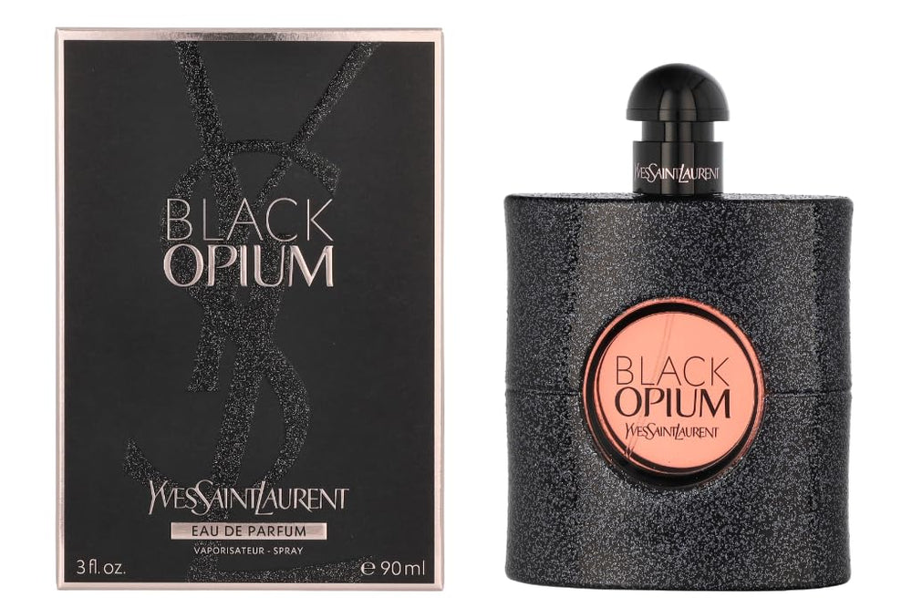 Yves Saint Laurent Black Opium bottle shown from the front, a premium evening fragrance.