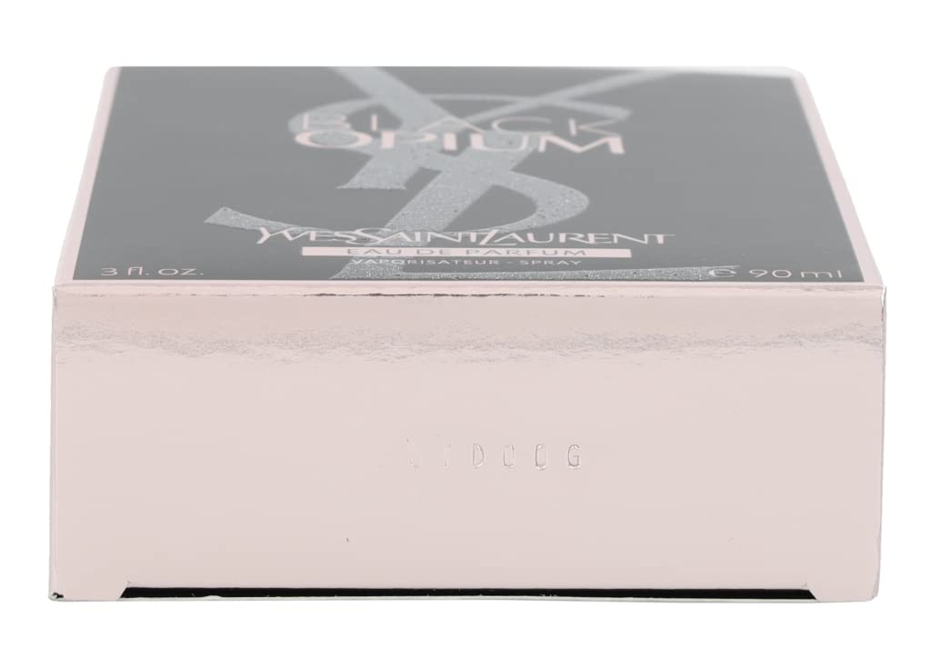 Yves Saint Laurent Black Opium glass perfume on a shelf.