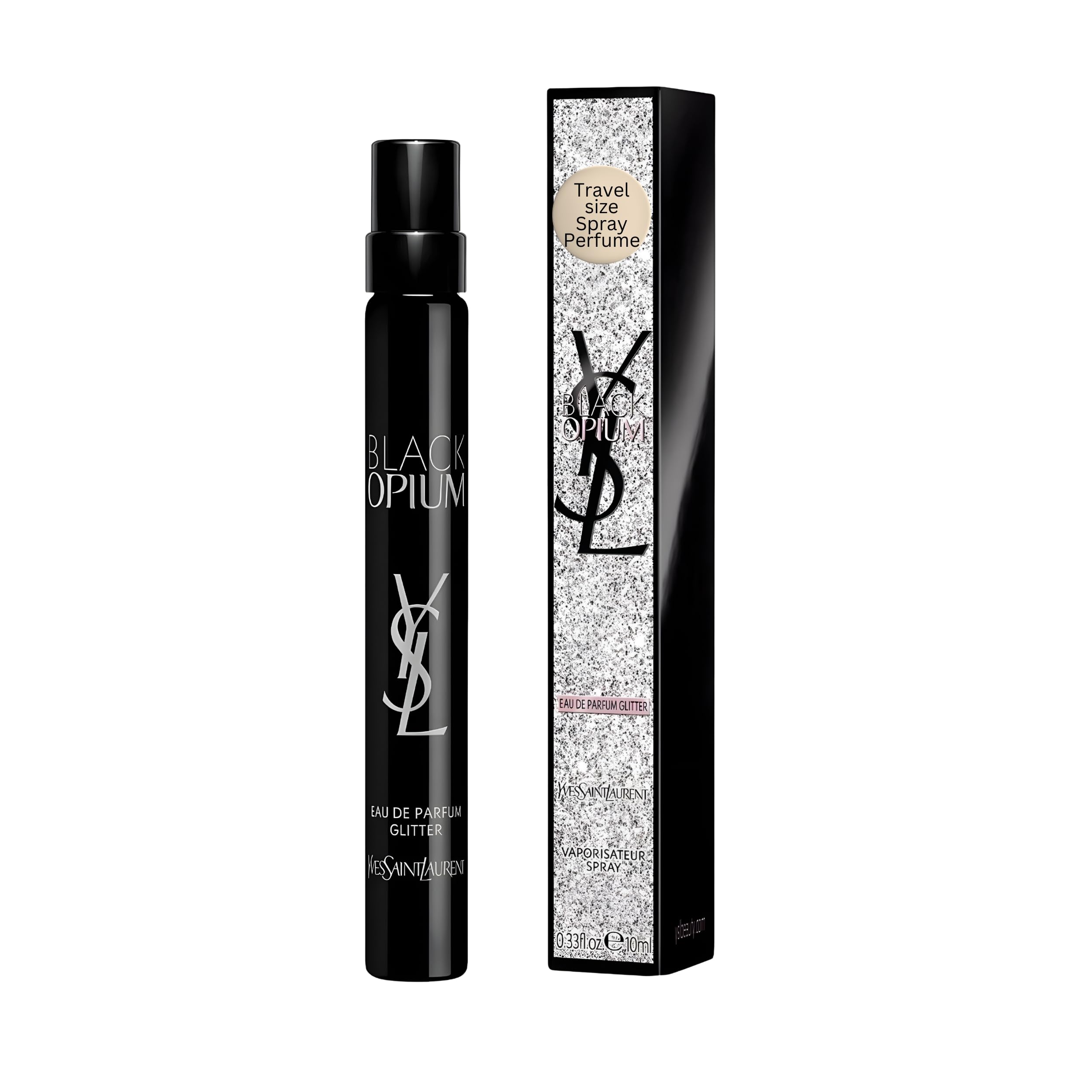 YSL Black Opium Glitter bottle front showing sparkling fragrance for evening wear