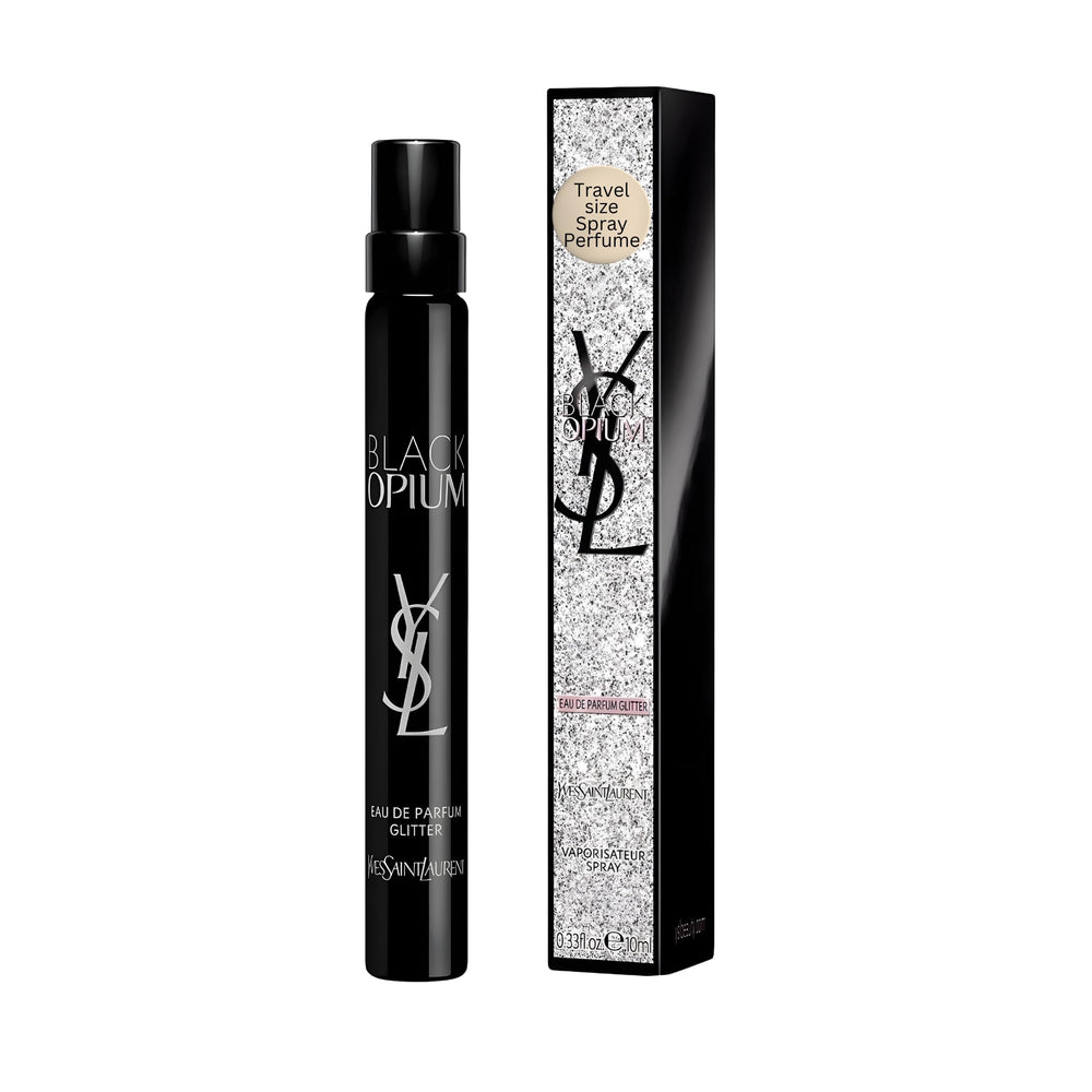 YSL Black Opium Glitter bottle front showing sparkling fragrance for evening wear