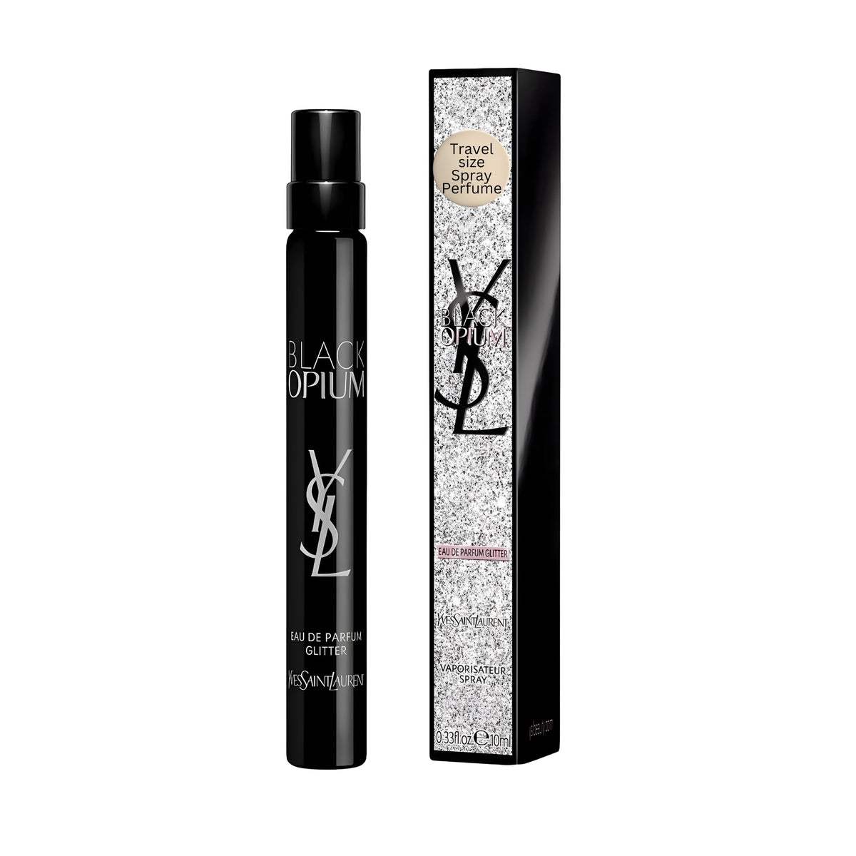 YSL Black Opium Glitter bottle front showing sparkling fragrance for evening wear