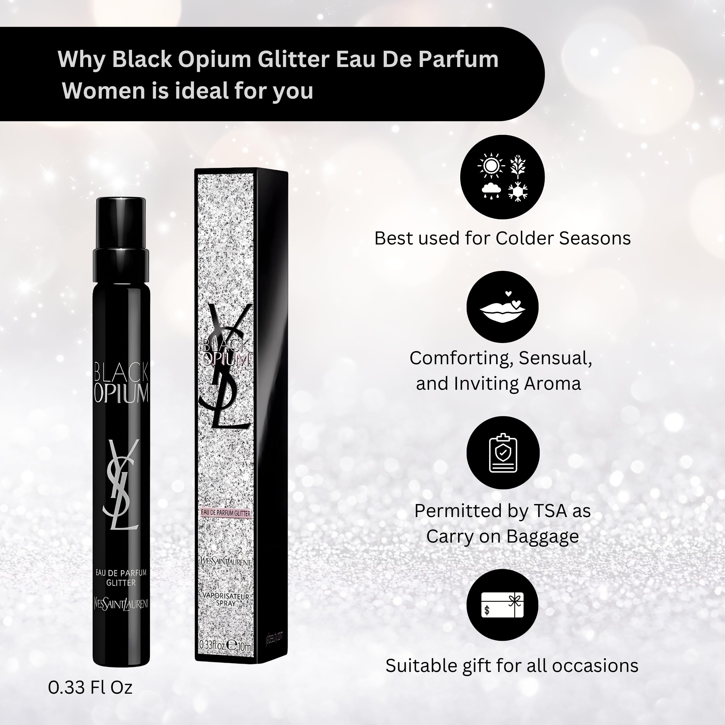 YSL Black Opium Glitter bottle side view highlighting luxury packaging and travel size