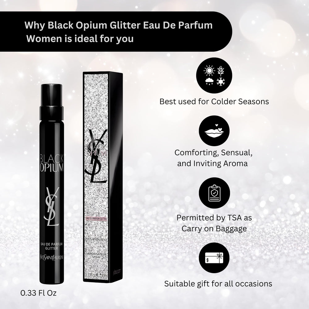 YSL Black Opium Glitter bottle side view highlighting luxury packaging and travel size