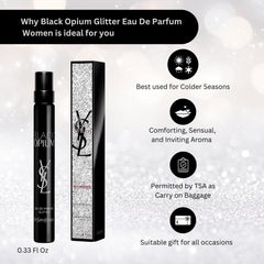 YSL Black Opium Glitter bottle side view highlighting luxury packaging and travel size