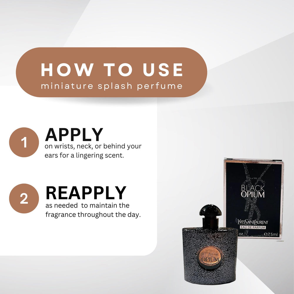 Spray shot of YSL Black Opium mini; ideal for daily use.