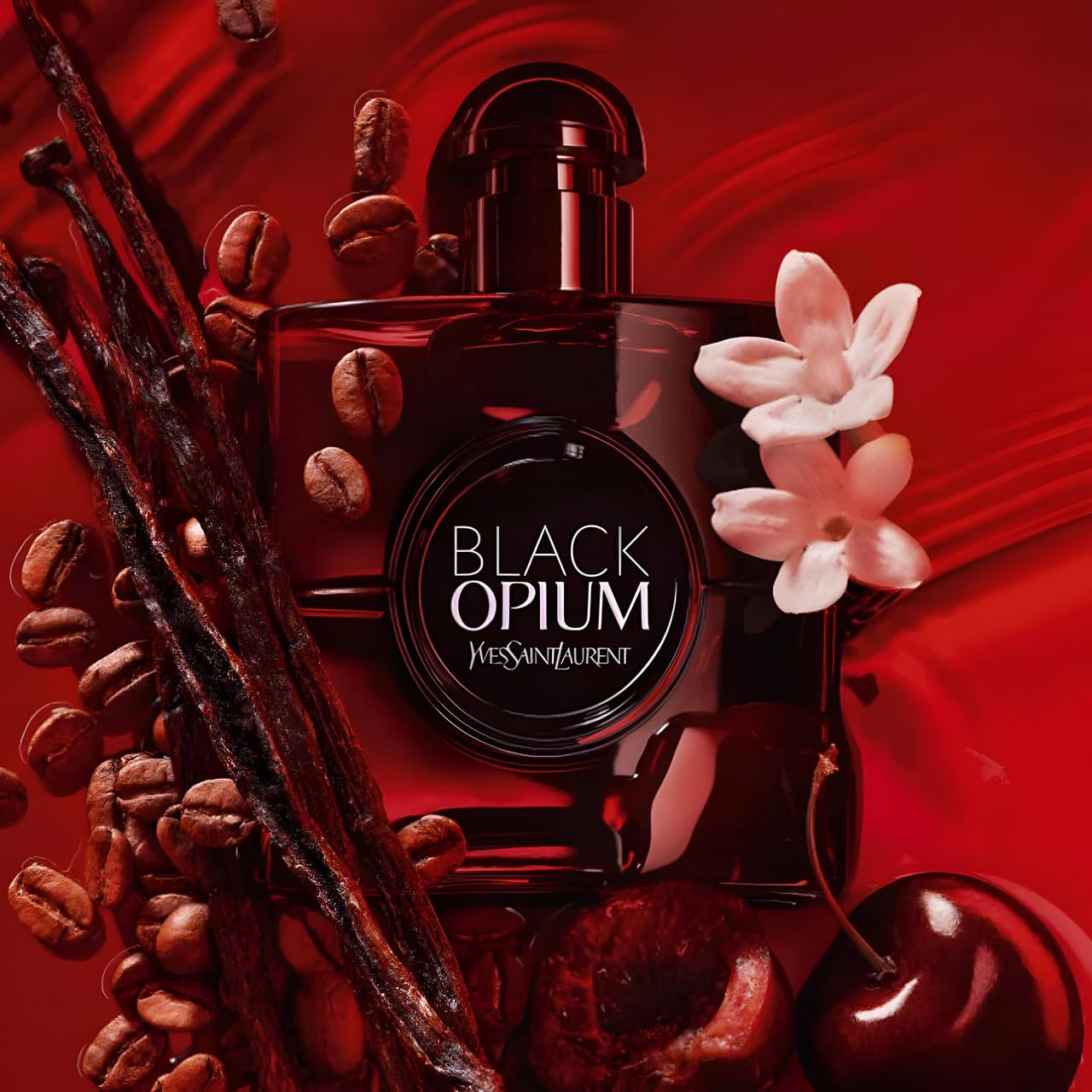 YSL Black Opium Over Red bottle side view highlighting the luxe red glass