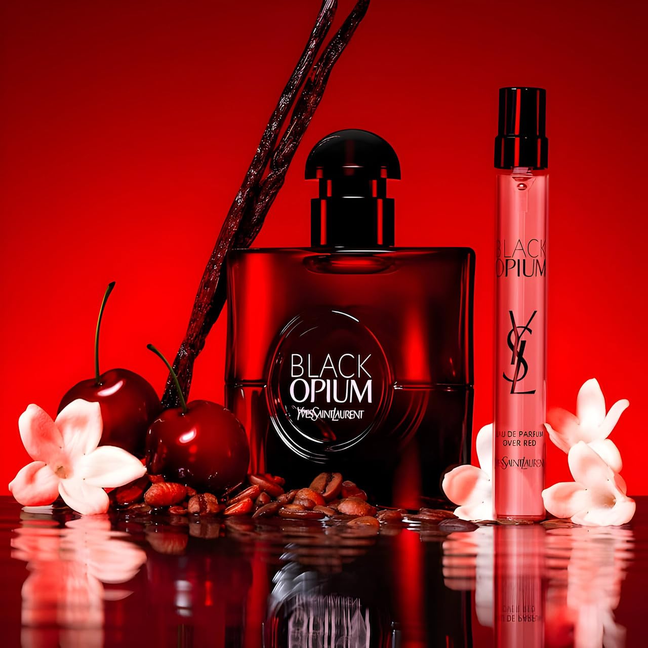 Yves Saint Laurent Black Opium Over Red label closeup with brand detail
